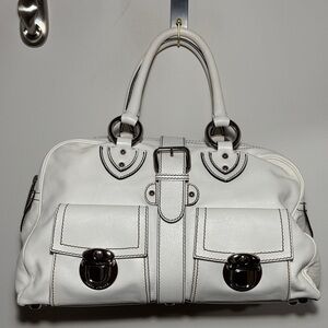 Marc Jacobs White Leather Satchel with Front Buckle and Dual Flap Pockets